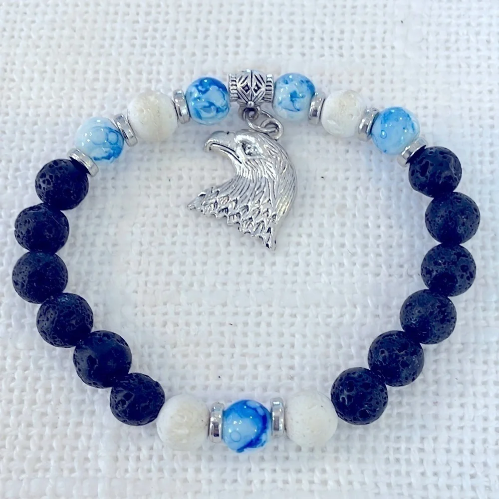Lava rock blue natural stone silver Eagle charm stretch bracelet